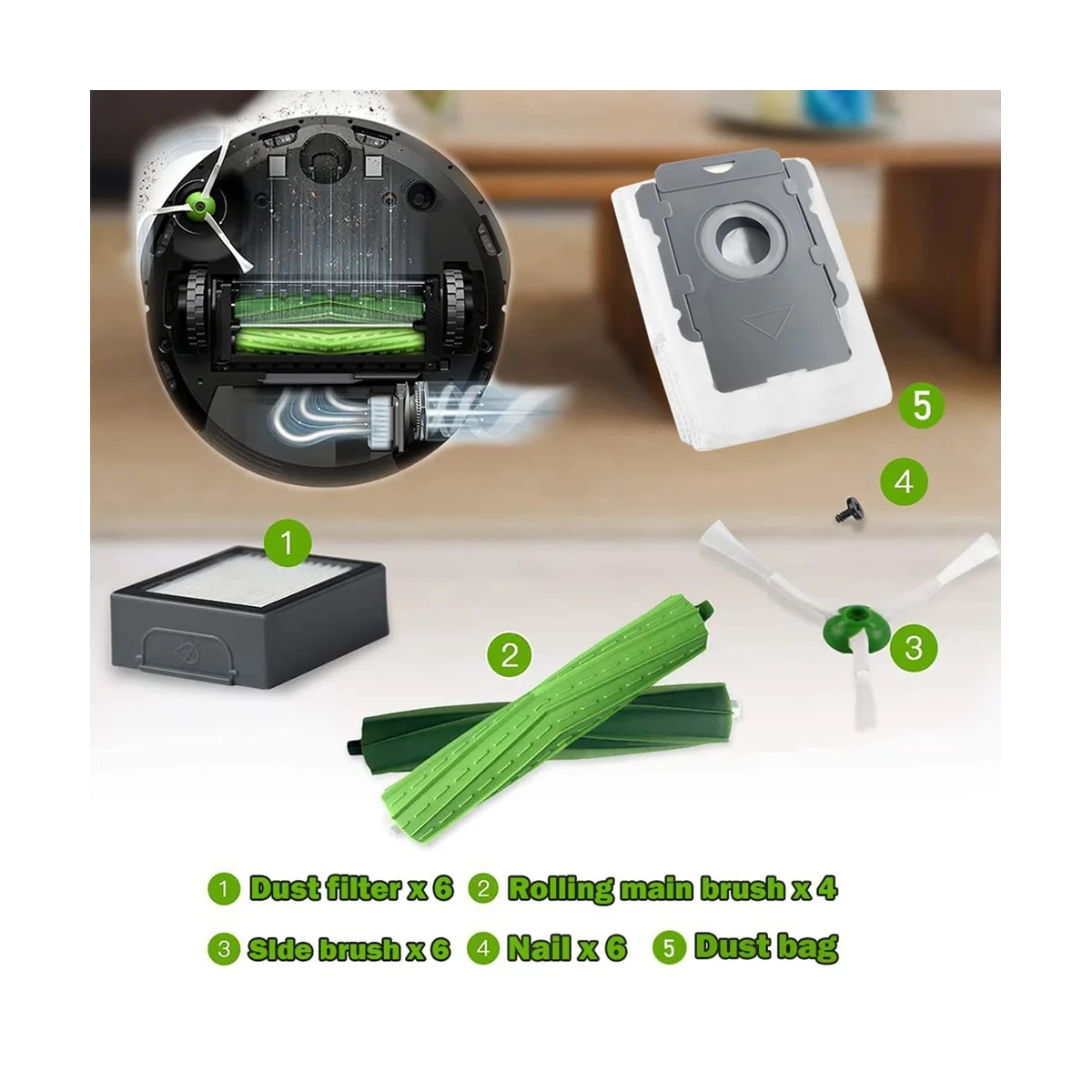 مجموعة من 2 فرشاة مطاطية ل e ، i ، j ، 6 مرشحات hepa ، فرش جانبية و 6 أكياس فراغ