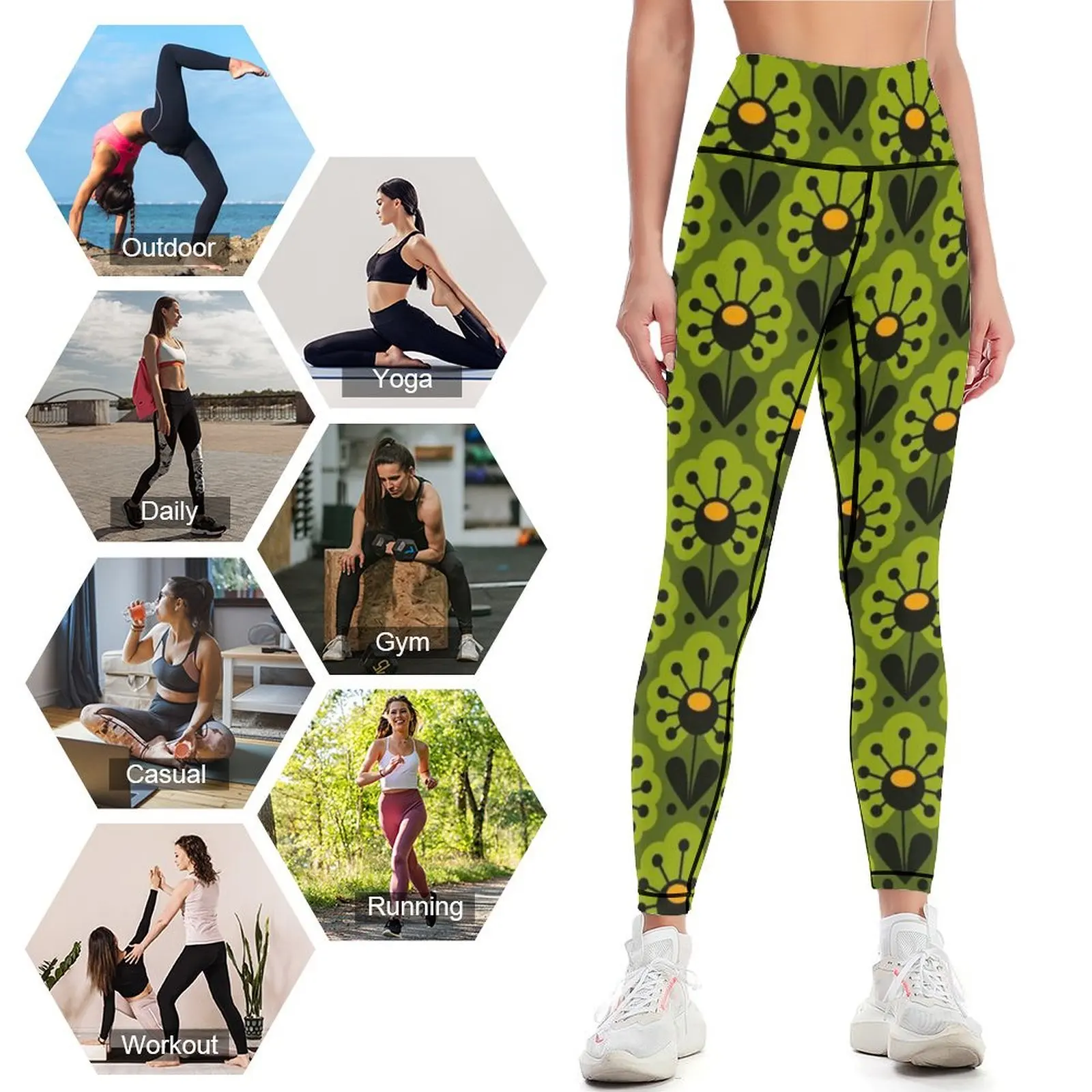 Leggings femininas de cintura alta verde brincalhão, leggings push-up, flores retrô, 0917