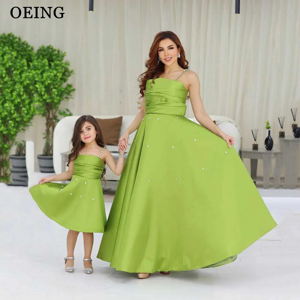 OEING-vestidos de graduación de línea A verde aguacate, elegantes vestidos de fiesta con correa de espagueti de cristal para madre e hija, sesión de fotos, celebridades