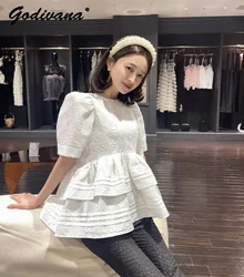 Embossed Jacquard Doll Shirt 2024 New Summer Female Girls Japanese Style Sweet Pink and White Blouse Fashion Tops