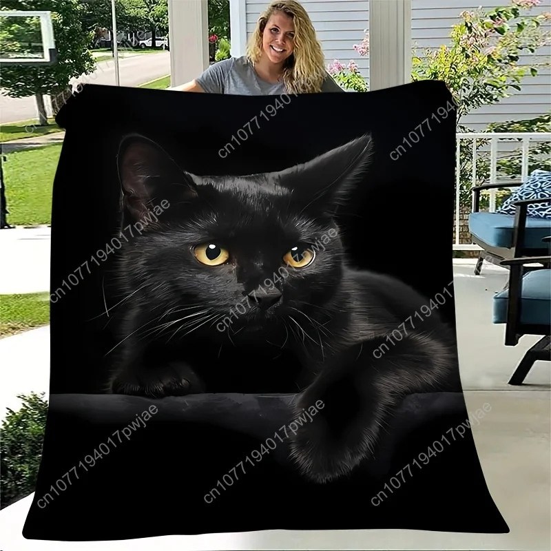 1pc Cozy Vintage Black Cat Print Flannel Blanket - Soft Warm Anti-Tear, Machine Washable All-Season Throw for Home Decor, Campin