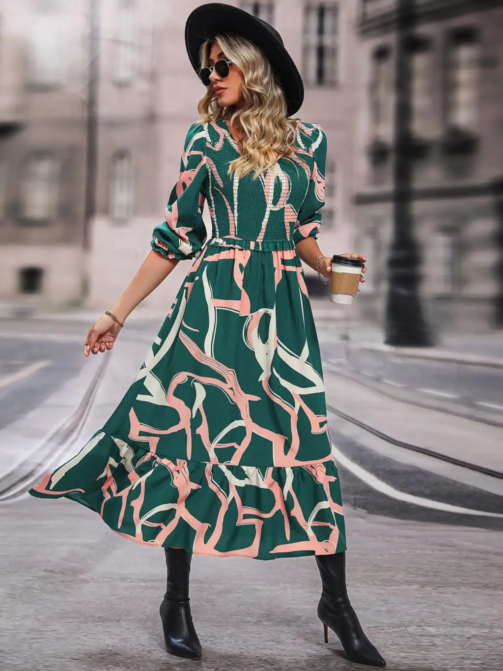 FICUSRONG Autumn Winter Women Long Sleeve Print Elegant V-neck Chiffon A-Line Knee Length High Waist Fashion Dress