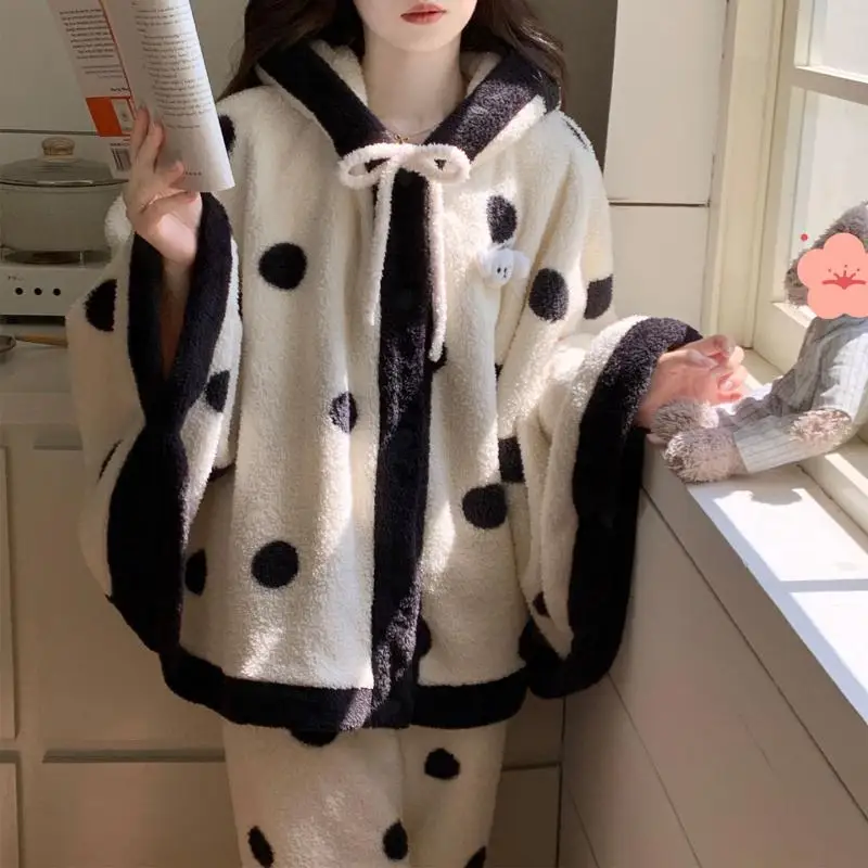 بيجامة نسائية نصف كومة مجموعة خريف وشتاء شال بناتي ملابس نوم عباءة بدلة بيجامة مبطنة بالصوف ملابس منزلية من الصوف المرجاني #4