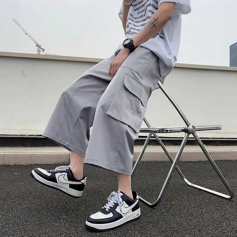 Summer Casual Pants Men Fashion Pocket Cargo Pants Men Japanese Streetwear Hip-hop Loose Wide Leg Pants Mens Cropped Pants