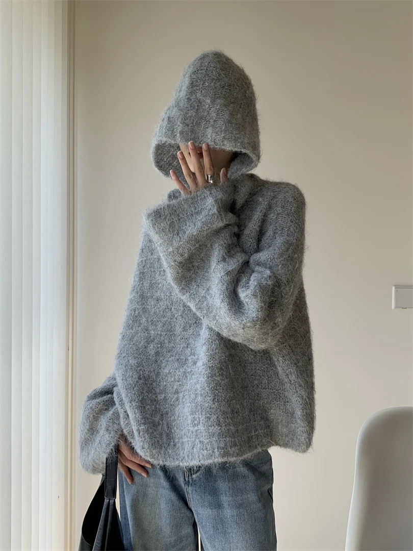 CHEERART Winter Faux Alpaca Hoodies Women Clothing Fuzzy Grey Pullovers Knitted Sweatshirts Hoodie Knitwears Top