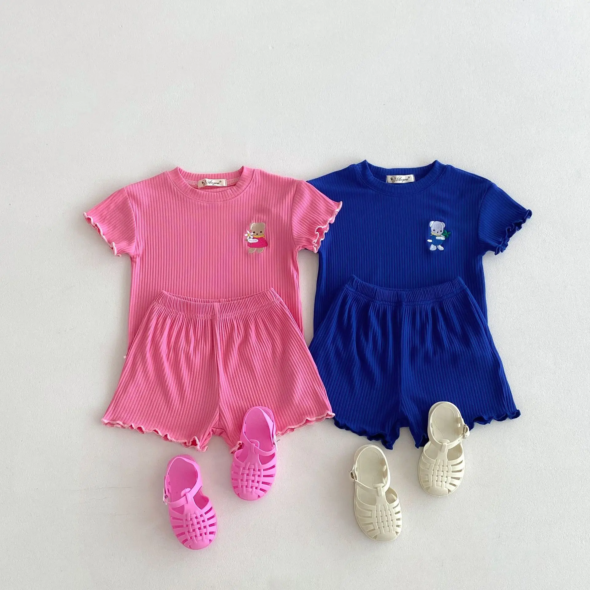 

Summer New Girls Cute Bear Embroidery Lace T Shirts + Shorts 2pcs Suit Children Short Sleeve Set Kids Breathable Casual Outfits