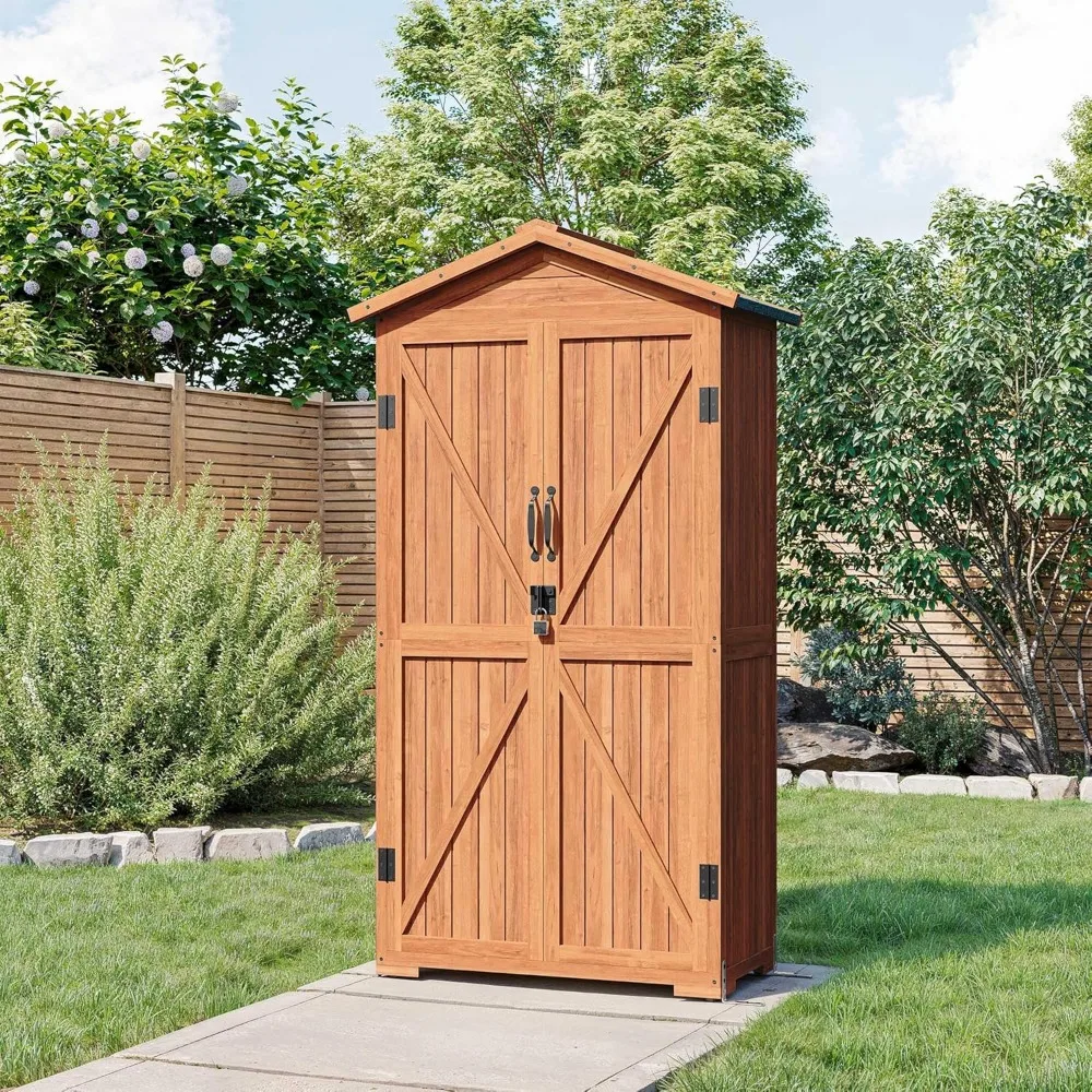 

Outdoor Storage Shed with 4 Removeable Shelves, Wooden Garden Shed Lockable Tool Cabinet with Waterproof Roof, Outside T