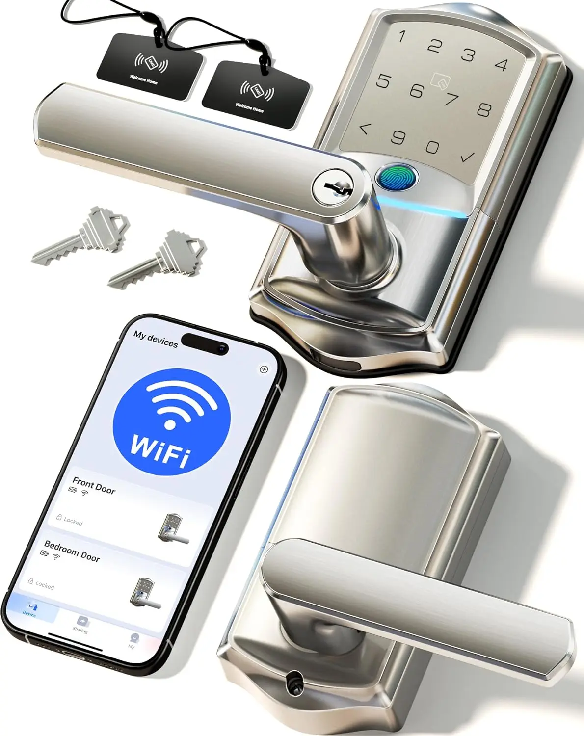 

WiFi Smart Lever Lock with Fingerprint Keyless Entry, Remote App Control, IP65 Waterproof for Front Door and Bedroom