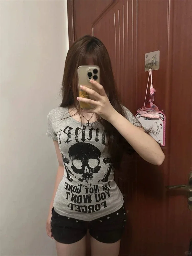 

Vintage Woman T Shirts Slim Waist Punk Tees 2024 Ropa Mujer Short Sleeve Fashion Camisetas Skull Print Casual Y2k Tshirt Tops