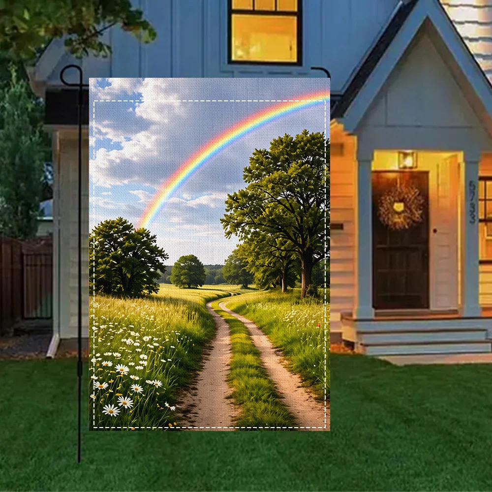 1PC Rainbow and Country Path Garden Flag, double sided print, perfect for patio and outdoor home decor (pole not included)