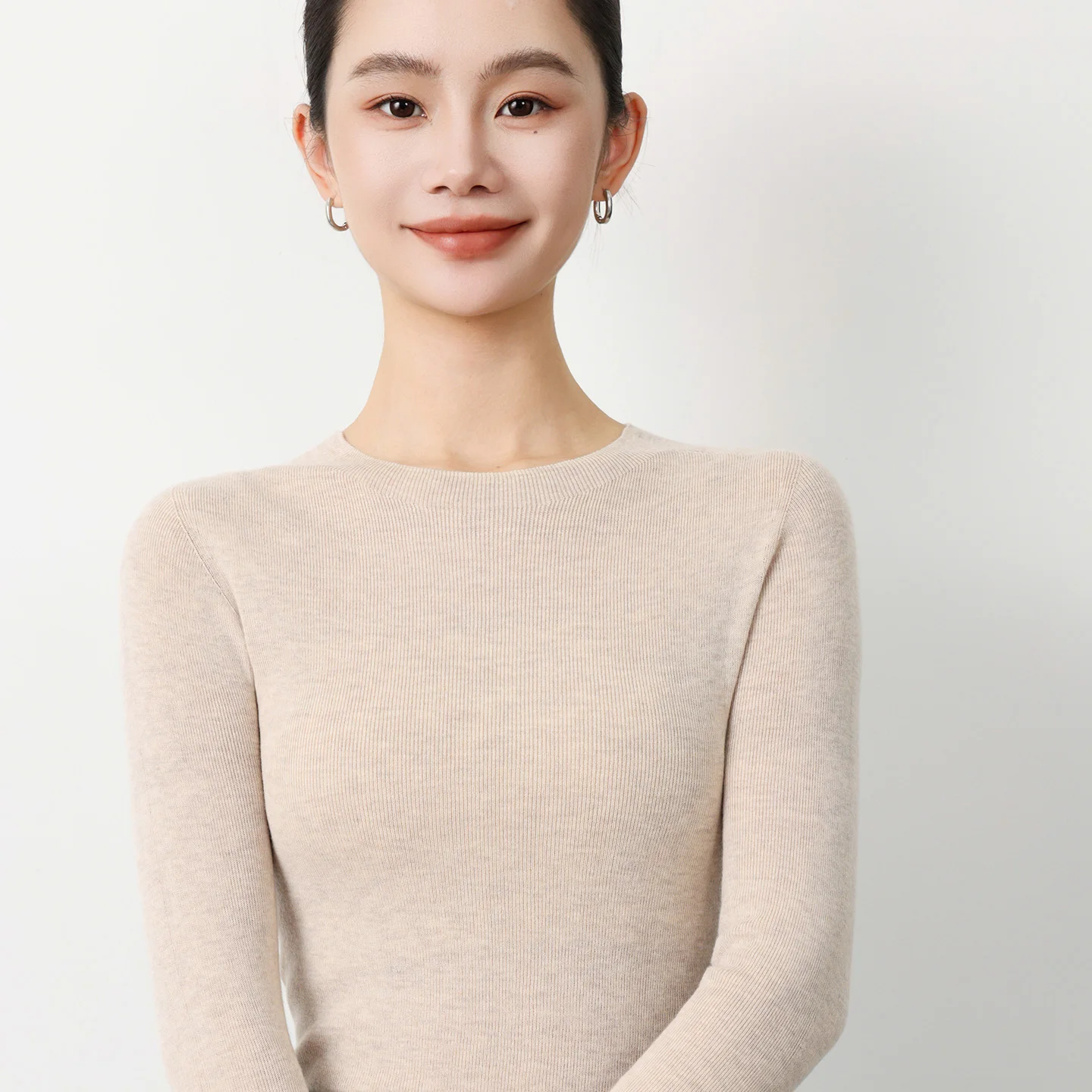 

Классический бесшовный шелковый пуловер из смеси шерсти, женский вязаный свитер для похудения, круглый вырез, длинные рукава, высококачественные теплые топы