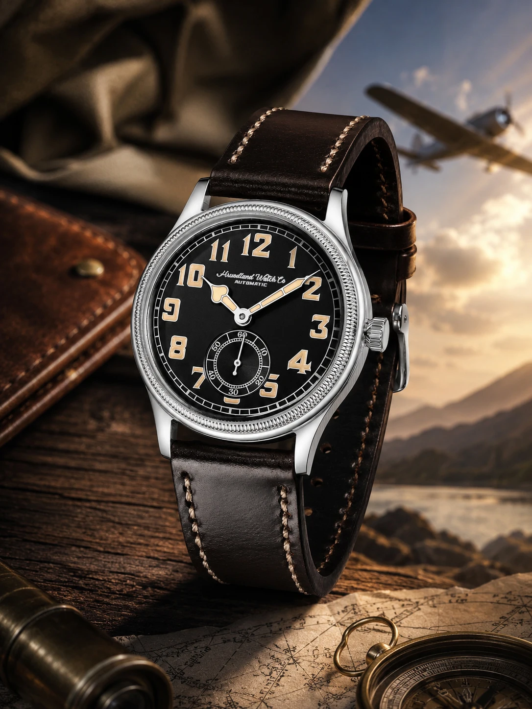 Herren Retro-Pilot-Automatikuhr 38mm Mark IX, Aviator, mit Bubble-Glas und C3-Leuchtmasse, Öl-Lederarmband, Feldmechanische Armbanduhr