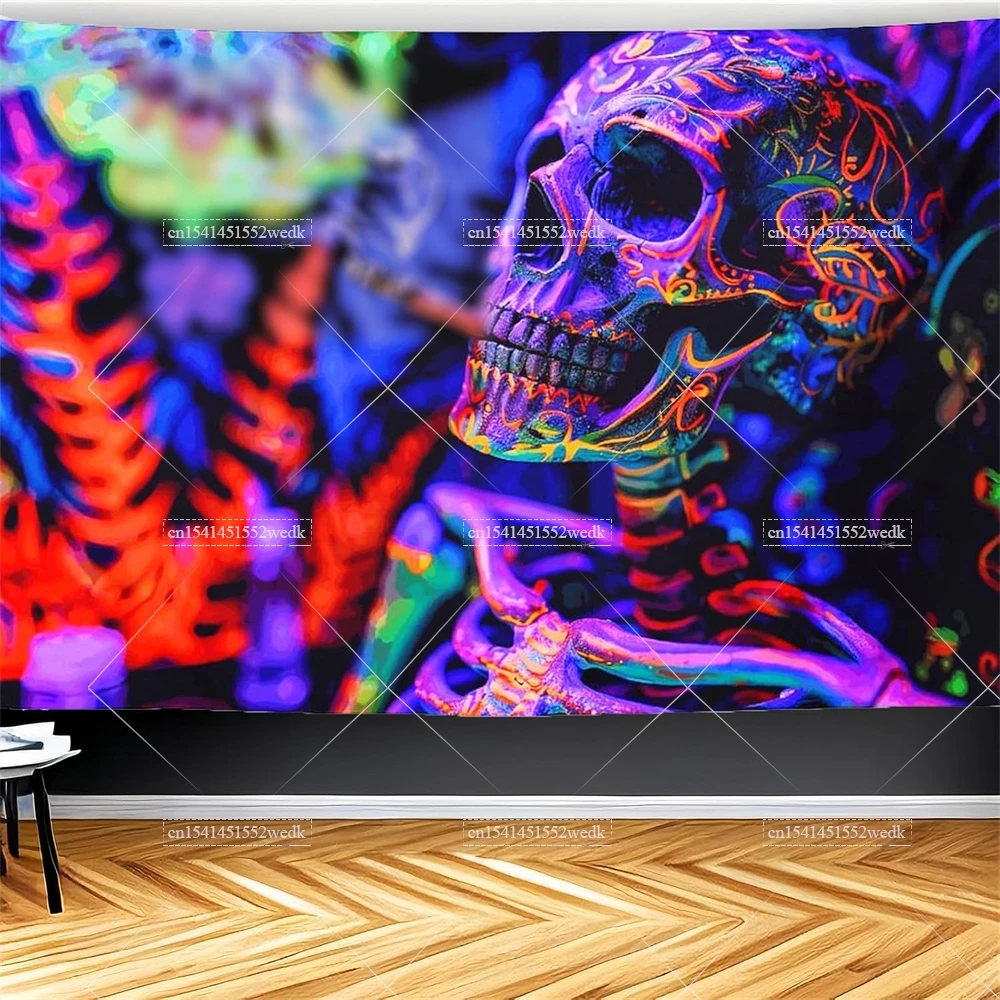 Rock Skull Blacklight Tapestry UV Reactive Neon Guitar Music Black Light Tapestrys Glow In The Dark Wall Decor Wallpapers