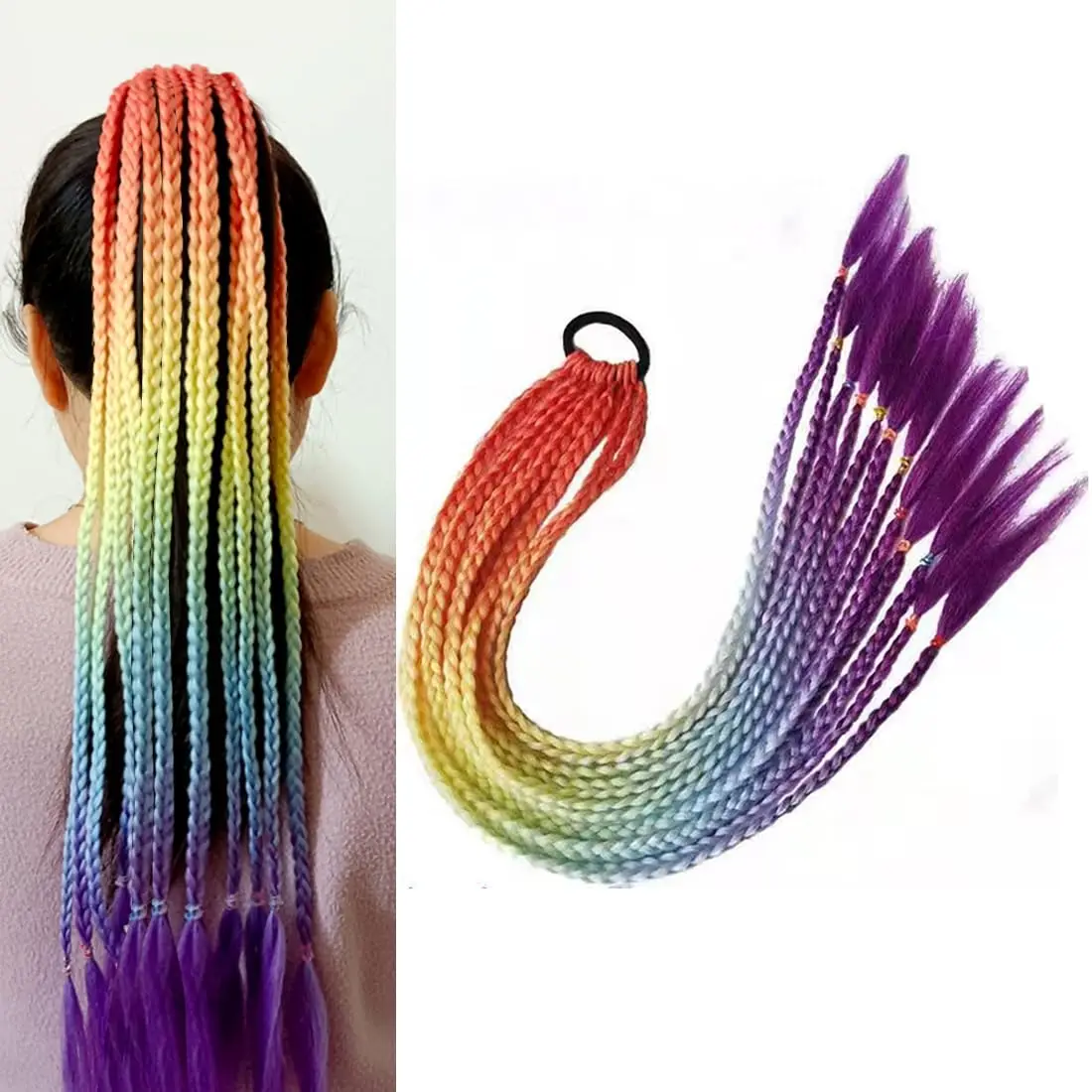 

Colored Braids Hair Extensions With Rubber Bands 24 In Straight Rainbow Braided Synthetic Hairpieces Ponytail Hair Extensions