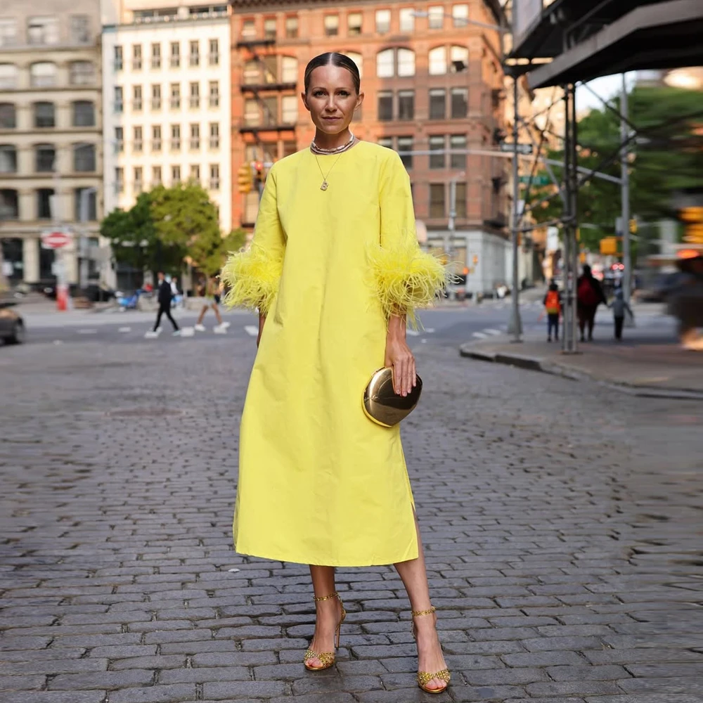 Mode Satijnen Midi-jurk met verenmouwen High Street Taffeta Prom Party Jurken Zijsplit Satijn Dames Zomer Brithday Jurken