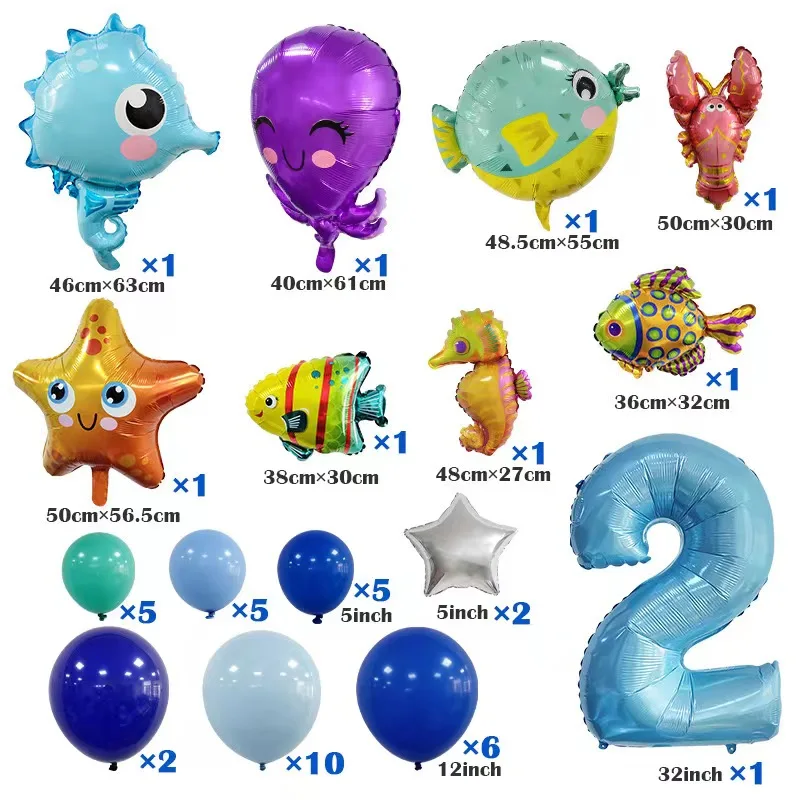 Blue Number Balloons for Kids, Under Sea Ocean World, Party Theme, Happy Birthday Party Decoration, Baby Shower, 44Pcs