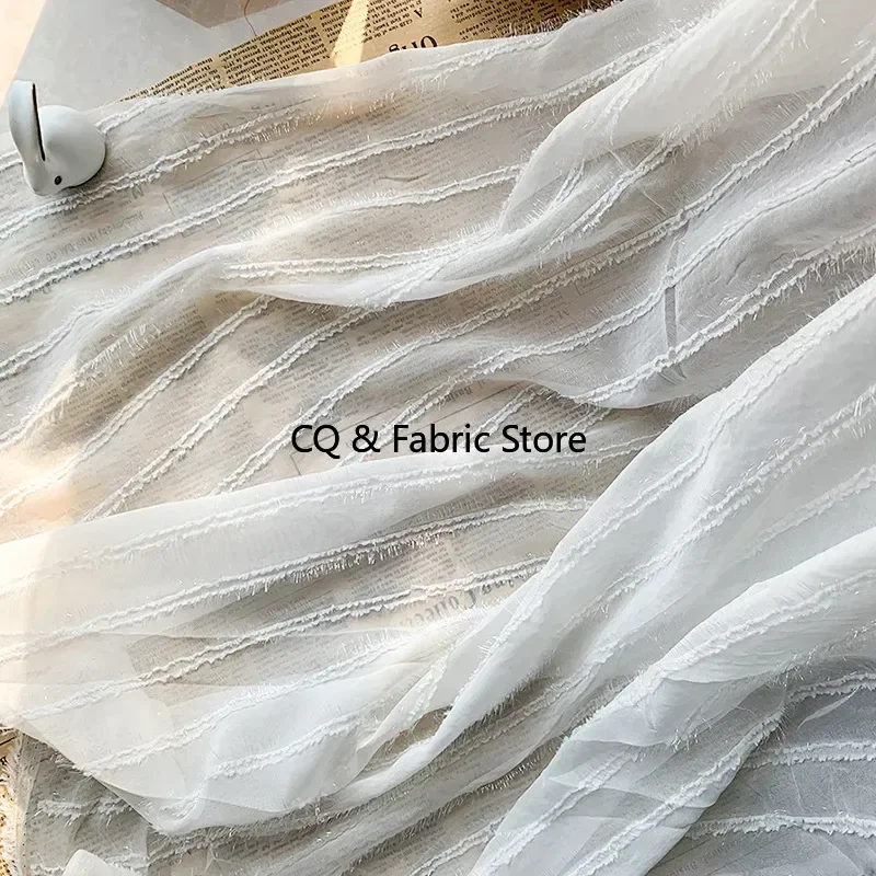

Chiffon Shiny Silk Wool Beard Jacquard Fabric Soft Striped Fringed Fabric DIY Sling Skirt Shirt Fashion Fabric