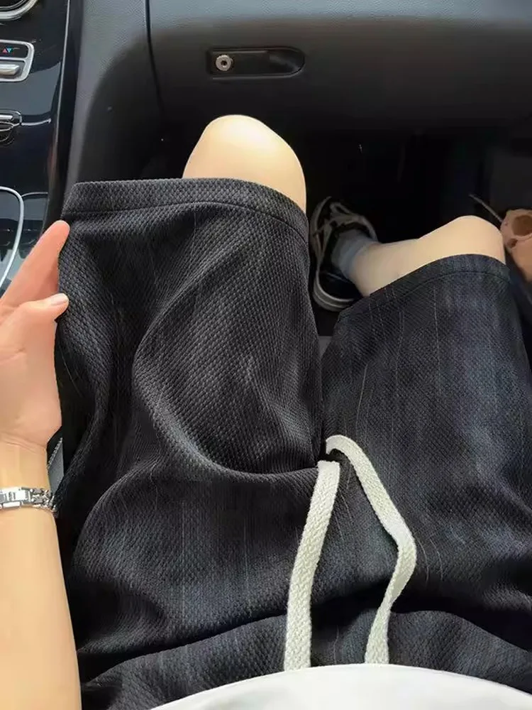 

American Retro Texture Dyed Shorts Men's Summer Thin Casual Sport Straight Leg Pants Elastic Waist Five-Quarter Length