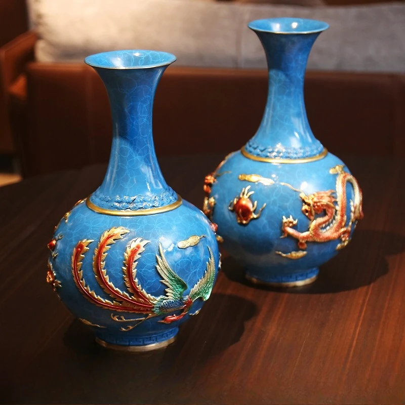 

Color copper dragon and phoenix vase ornament, home office Chinese style