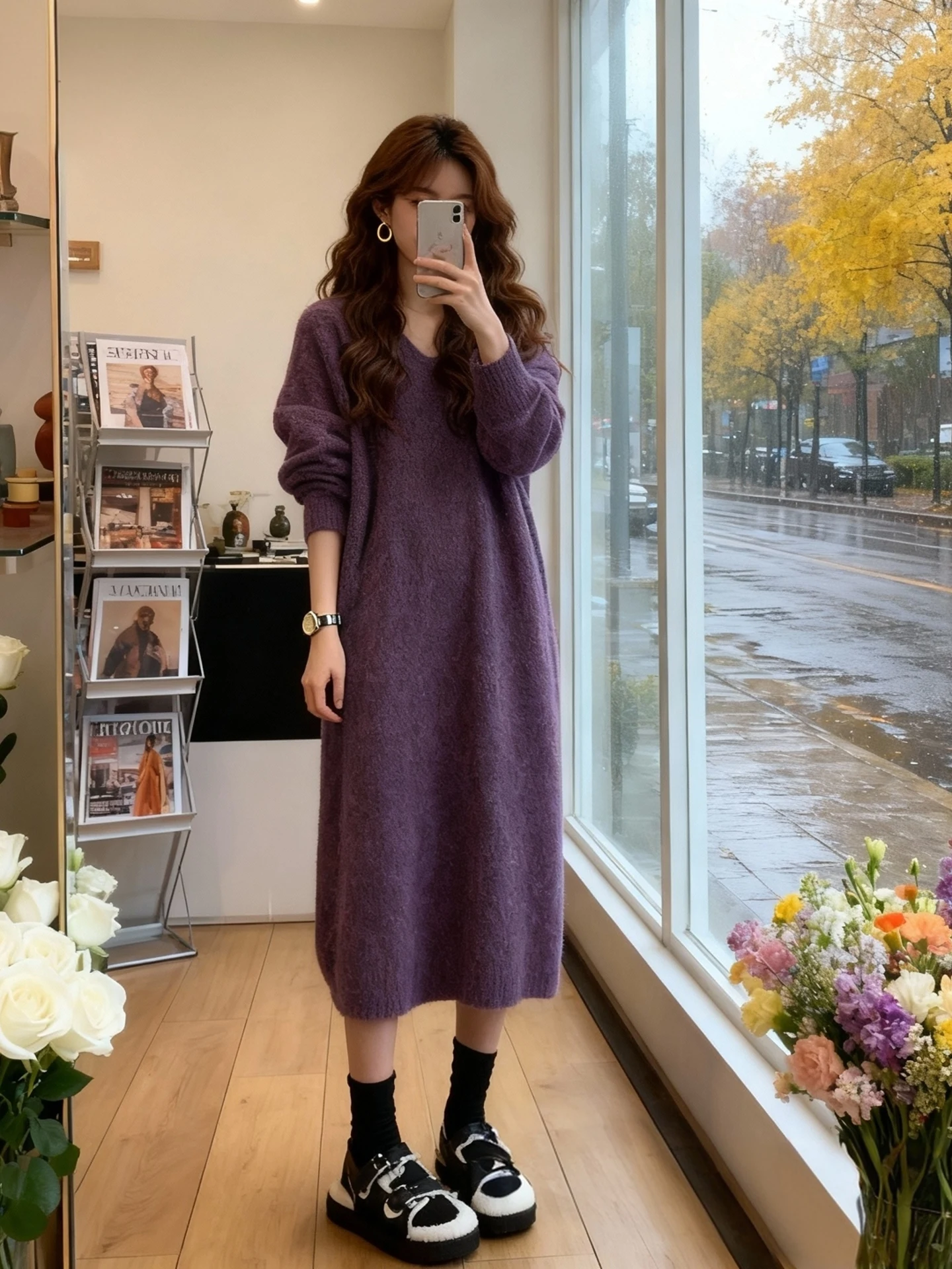 Lush Thickened Purple Knitted Dress Women's Loose Fit Comfortable Style Autumn Winter V-Neck Long Sleeve Dress for Young Girls