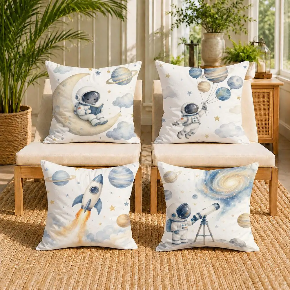 Cute Astronaut And Space Planet Cushion Cover Double-Sided Plush Sofa Cushion Covers Organic Breathable Invisible Zipper