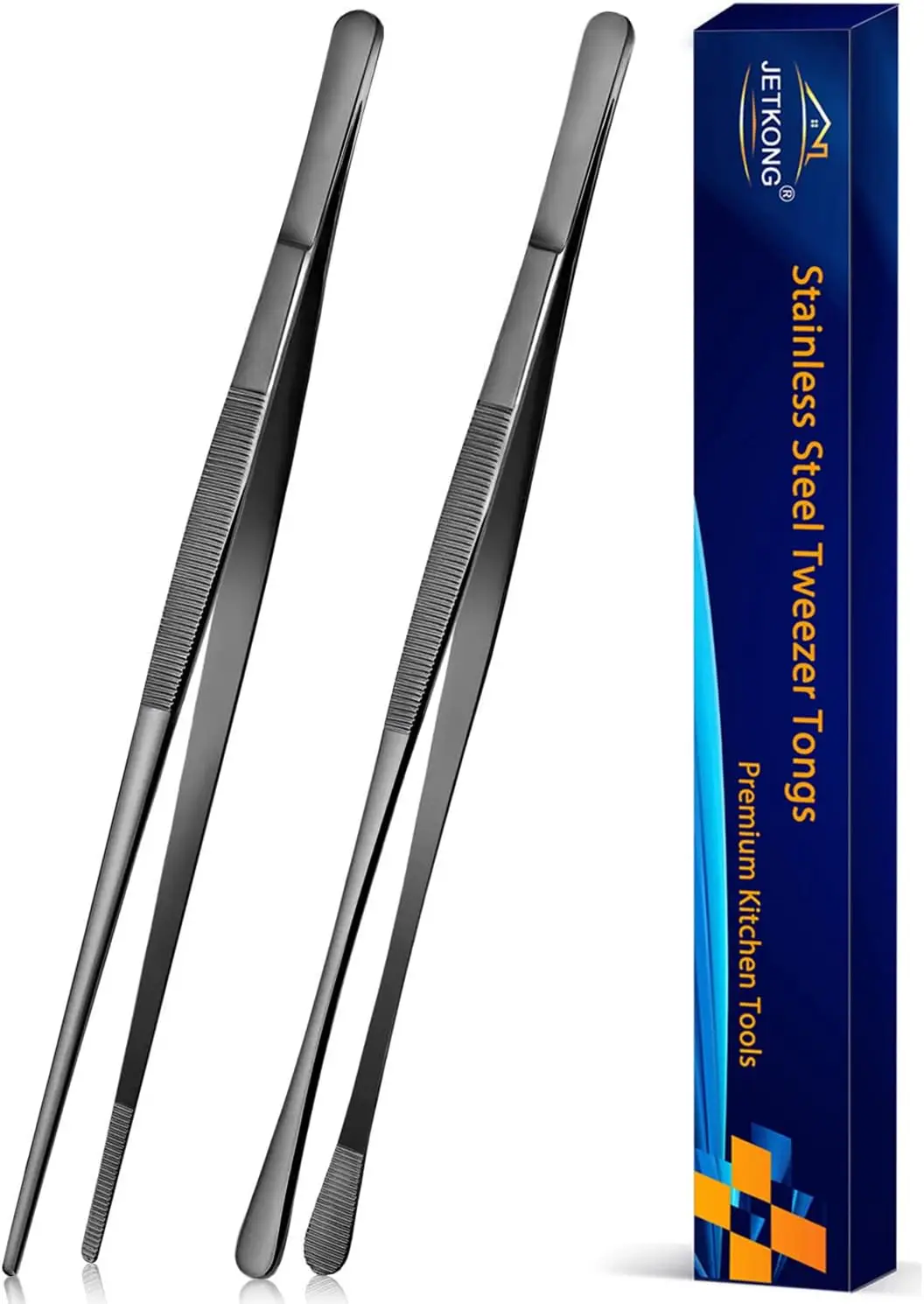 

2 Pcs 12-Inch Stainless Steel Kitchen Tweezers Tongs, Precision Serrated Tips, Professional Cooking Tweezers for BBQ Plating Serving, Black
