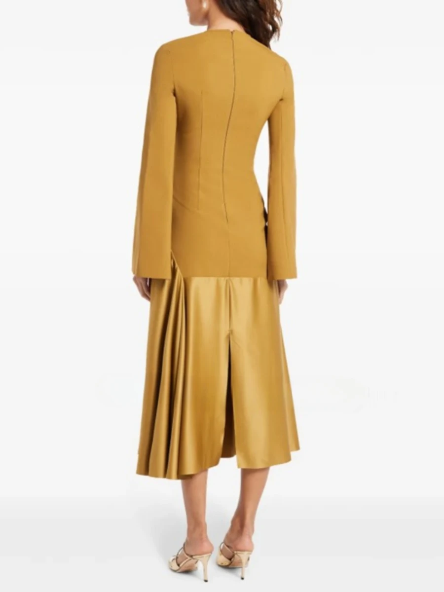 TWOTWINSTYLE Solid Slimming Fashion Dresses for Women Round Neck Long Sleeves Patchwork Folds Midi Elegant Dress Female Clothing