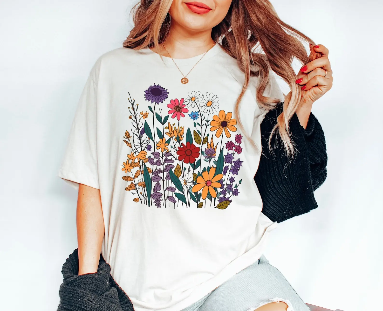 Wildflower Print Shirt For Women Botanical Graphic Tee Gift Nature Lovers Shirts Flower Cool