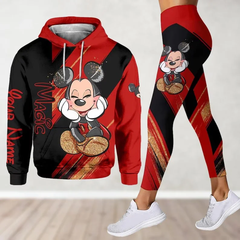 Costumes Disney Minnie Mouse, Leggings à capuche, costume pour femmes, pantalon de Yoga Mickey, sweat-shirt, mode d'automne, costume de sport