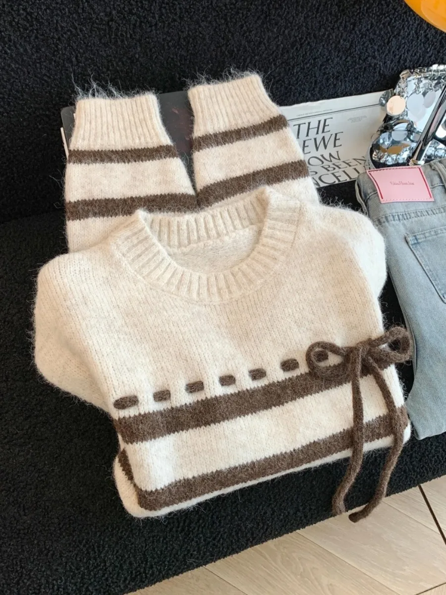 Women's Loose Fit Striped Knitwear Belted Self-Kee Sle Autumn Winter New Lazy Faion Sweater Warm Thiened Long Sve