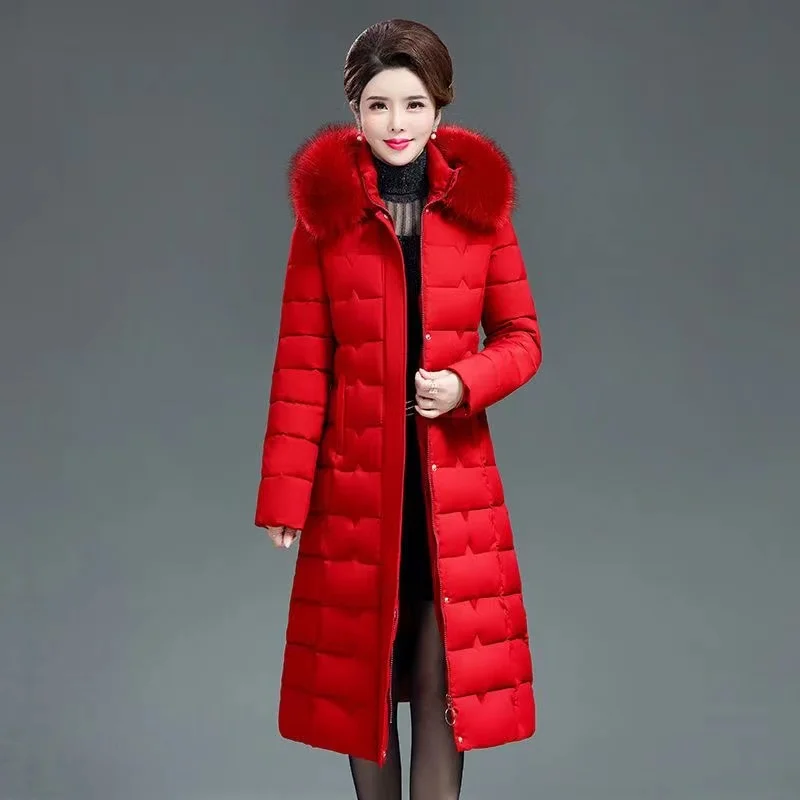 Middle-aged Womens Down Cotton Coat 2024 New Winter Long Warm Quilted Cotton Jacket Female Casual Hooded Parka Overcoat 6XL