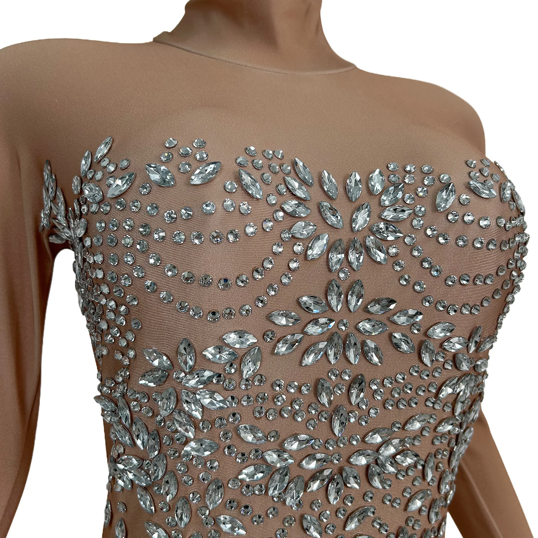 

Zhubao Women Sparkly Nude Mesh Rhinestone Full Body Jumpsuit Long Sleeve Performance Outfit for Stage Show
