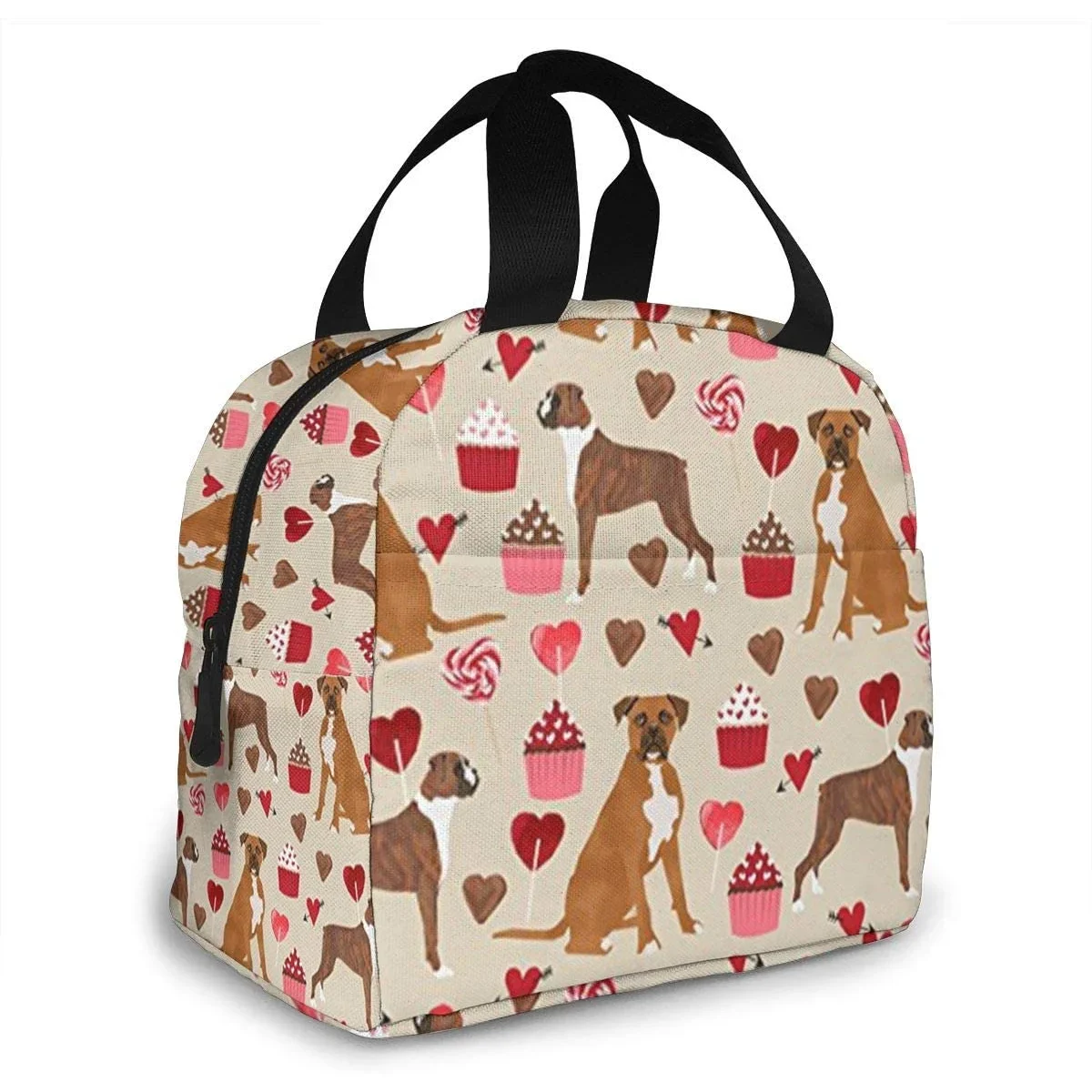 Boxer Dog Valentines Love Cupcakes Lunch Bag for Women Girls Kids Insulated Picnic Pouch Thermal Cooler Tote Bento Large Meal