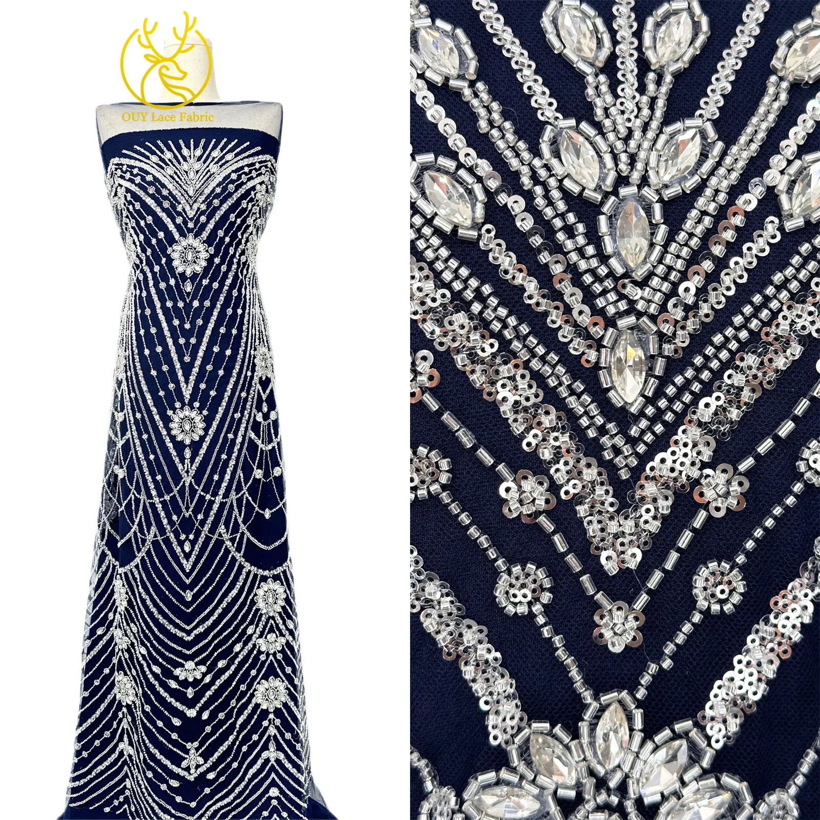 Lo último en tela de encaje de diamantes con cuentas africanas hechas a mano, lujoso vestido de novia de tela de encaje transparente azul marino con lentejuelas nigerianas 2026