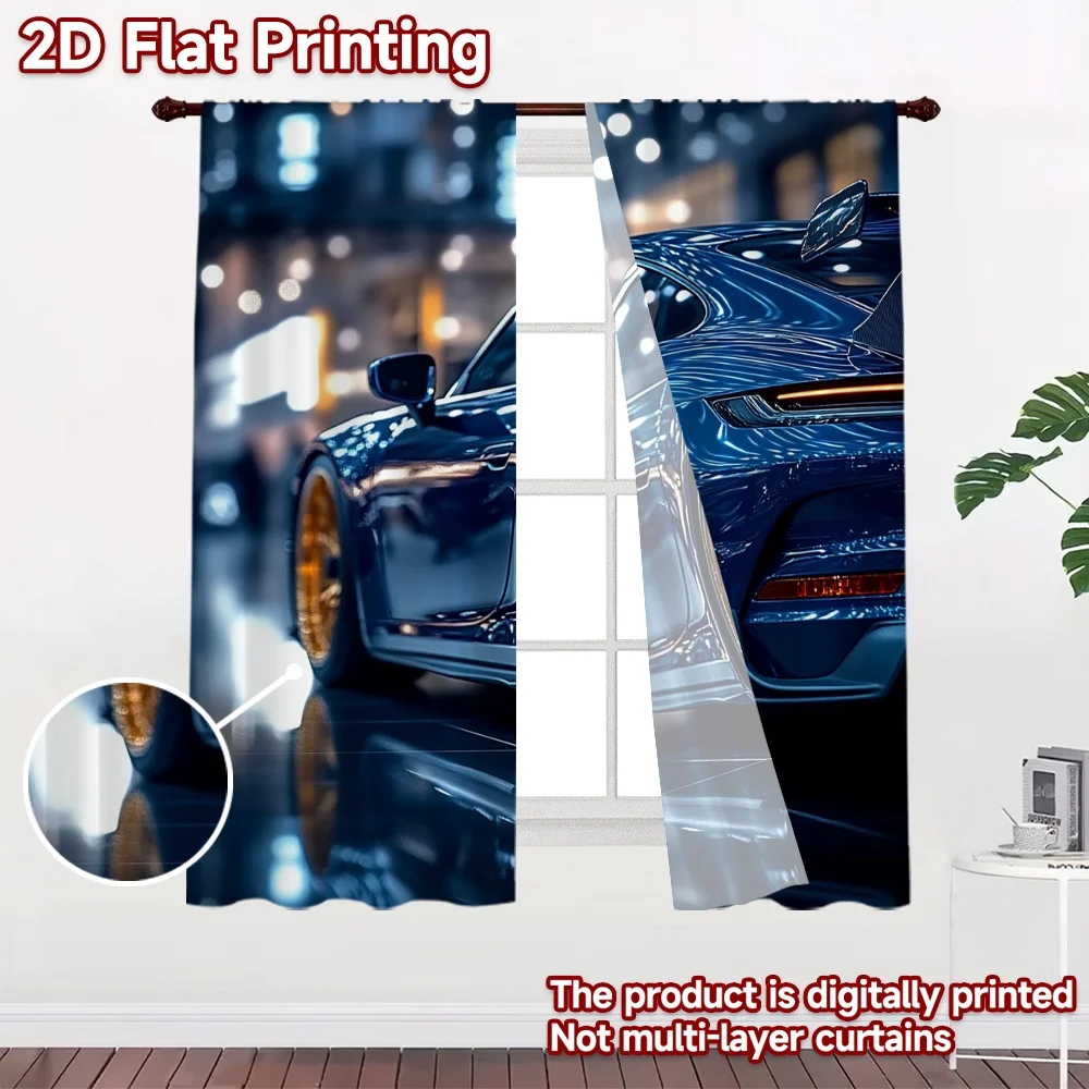 2D flat 2pcs Curtain French Romantic Style Blue Sports Car Rear View Durable polyester fiber Festive Holiday Perfect for Room
