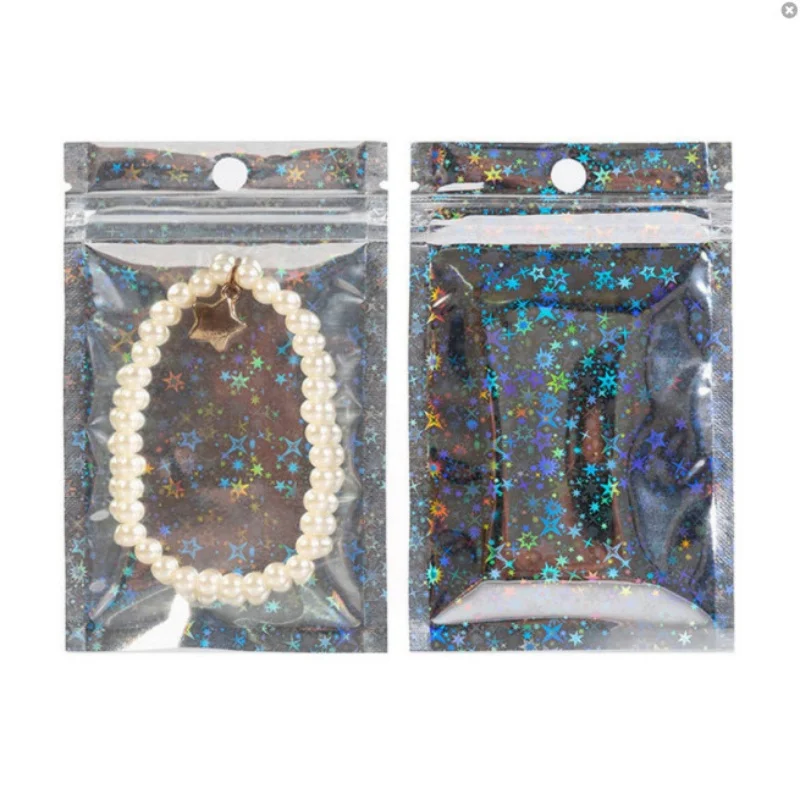 100PCS Clear Star Laser Ziplock Hanging Bag DIY Matcha Sugar Snack Candy Jewelry Bracelet Panties Toys Gift Packaging Pouches