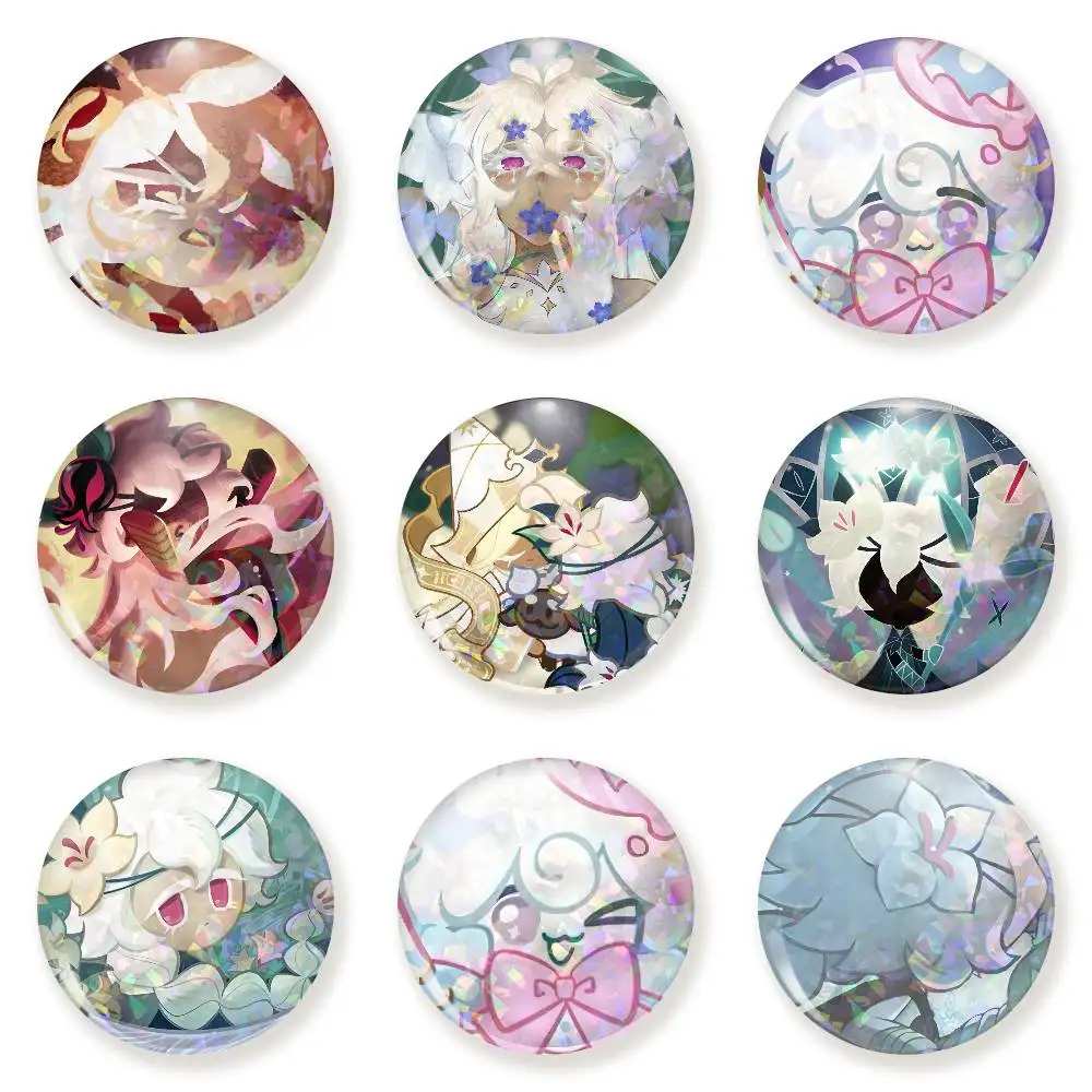 W-White Lily C-Cookie Run Kingdom Snap-in Pins Cartoon Character Round Creative Brooches For Backpack Accessories Jewelry Gifts