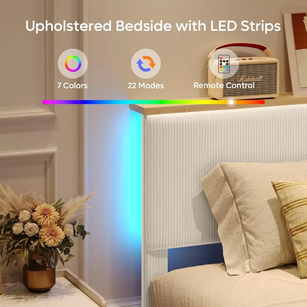 سرير سروال قصير فاخر مع لوح رأسي قابل للتعديل وإضاءة LED ورف تخزين #5