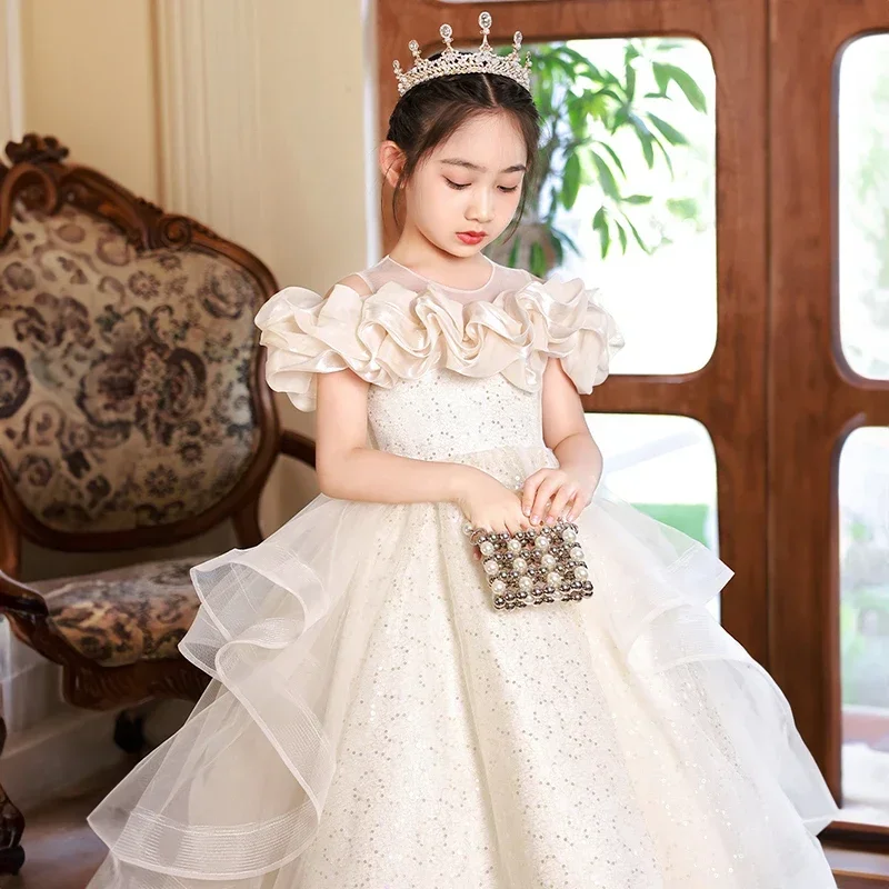 Robe de soirée longue en tulle pour petite fille, robes de champagne pour invité de mariage, robe de reconstitution historique de luxe pour enfants, fête d'anniversaire, élégante