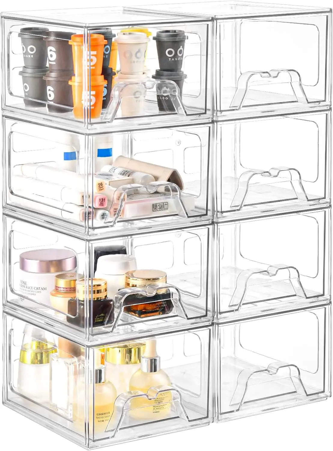 

8 Pack Stackable Makeup Organizer, 4.4'' Tall Acrylic Bathroom Makeup Organizer and Storage Drawer with Pull-out Handle