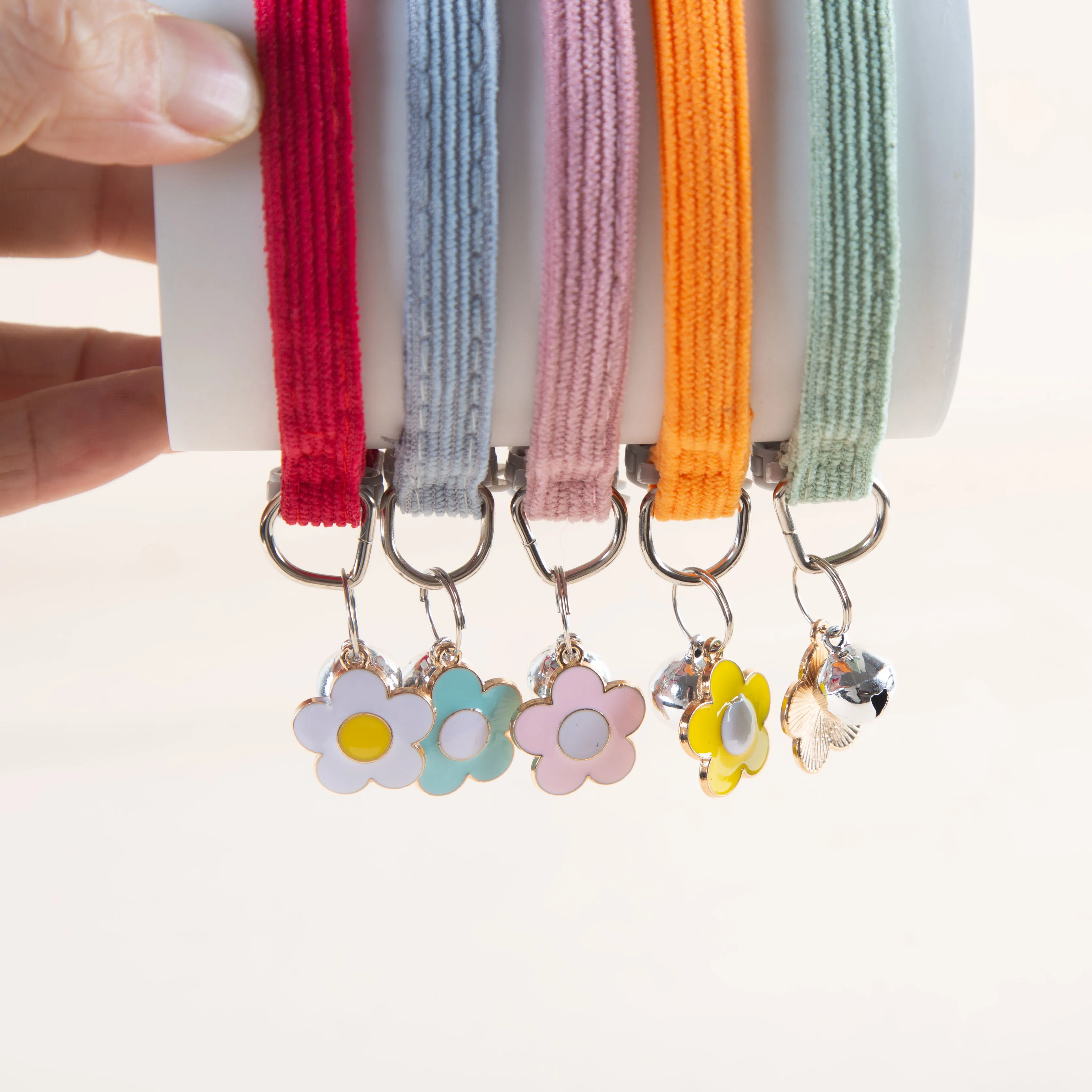 

5 Pack Adjustable Cat Collar with Bell, Safety Snap Hook, Polyester Material, Small Breed Recommended, Flower Charm Design