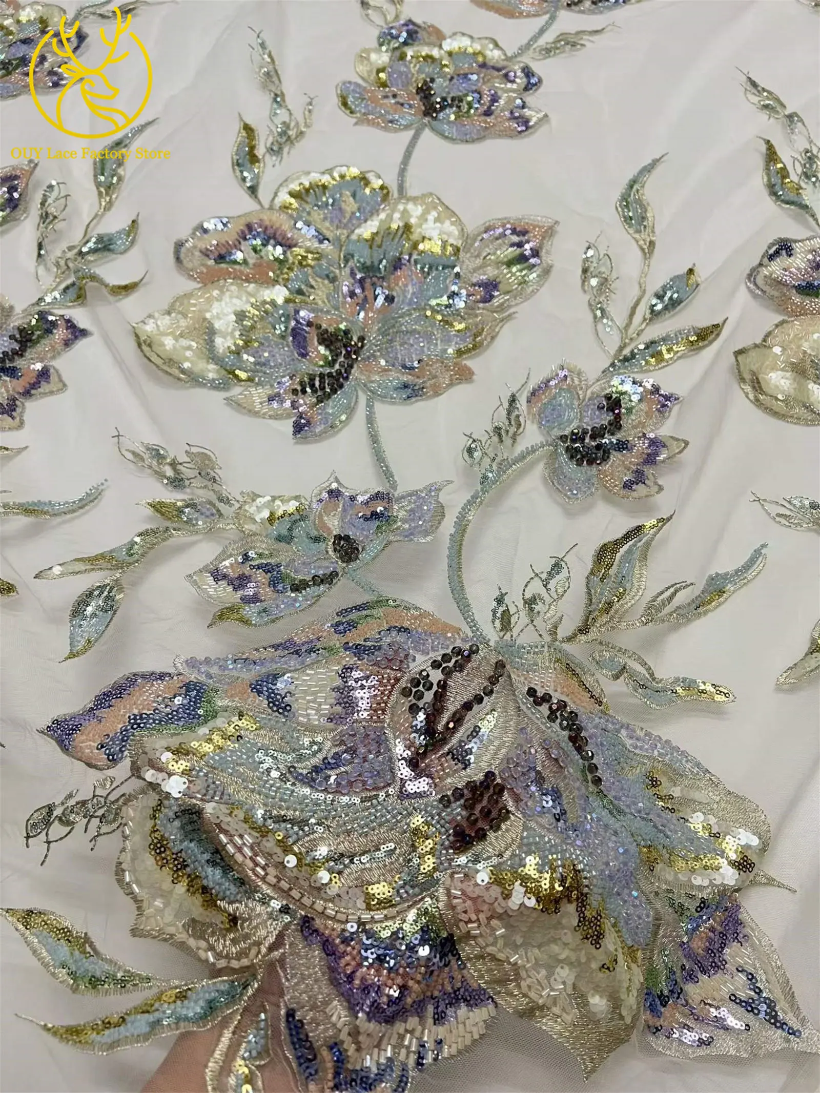 Luxuriöser afrikanischer Brautkleidstoff mit Stickerei, großen Blumen und Perlen, 5 Yards, hochwertiger französischer Pailletten-Spitzenstoff zum Nähen von Kleidern – Detail 5