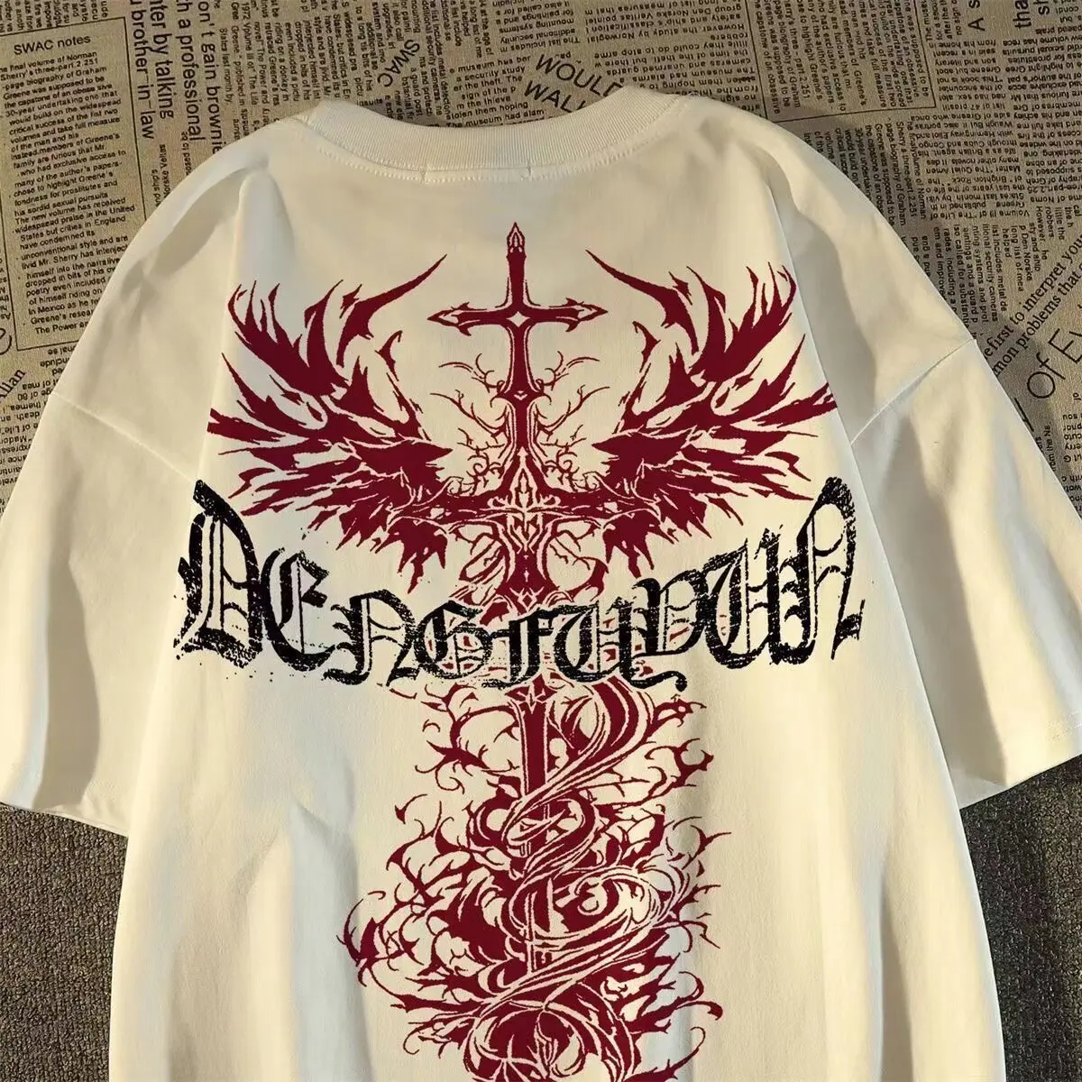 American Style Vintage oversize Cross Wings Printed Teenager Short-sleeved T-shirt Men's High Street