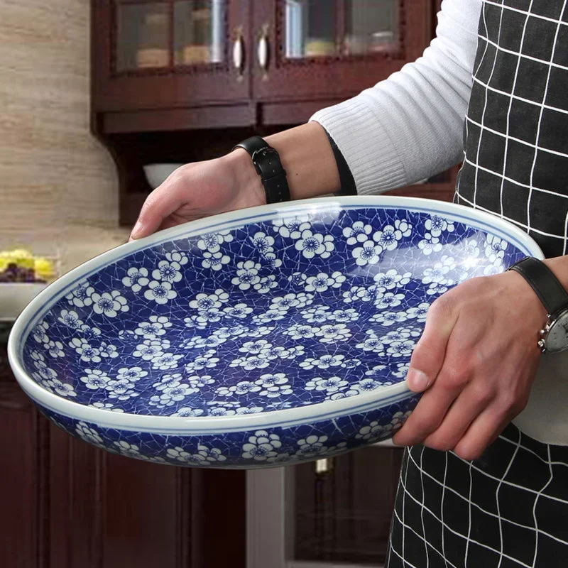 Large Serving Plates Chinese  Blue And White Dish Bowl Retro Porcelain Tableware Home Dish Spaghetti Roast Turkey Roast Goose