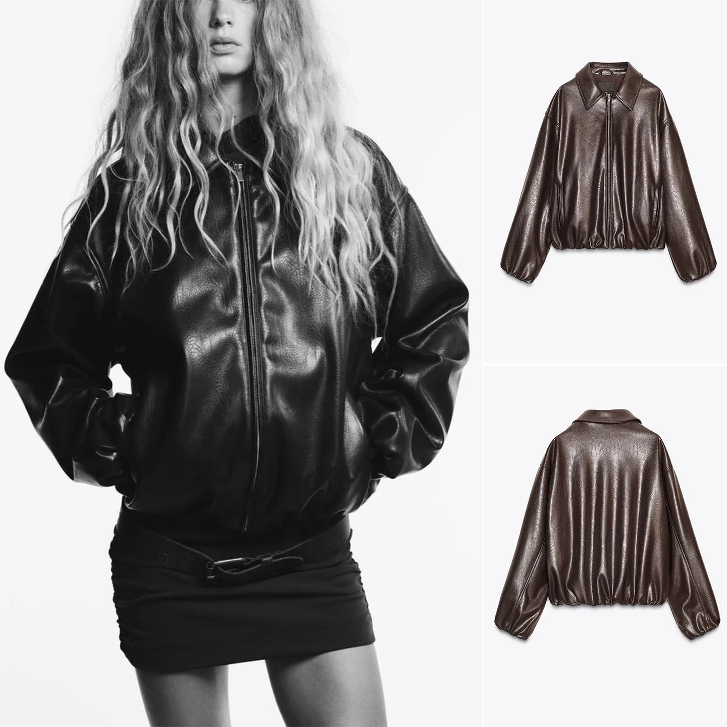 Nouveau 2025 automne pilote Jaet Long Sve PU cuir manteau col ket conception trajet Sle coupe ample Polyester Fiber