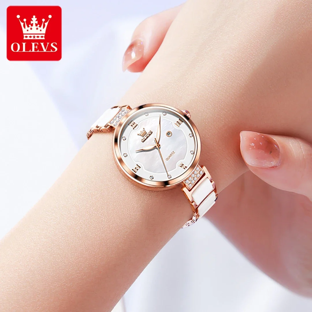 OLEVS 5589 Quartz Fashion Watch Round-dial Ceramic Watchband Calendar