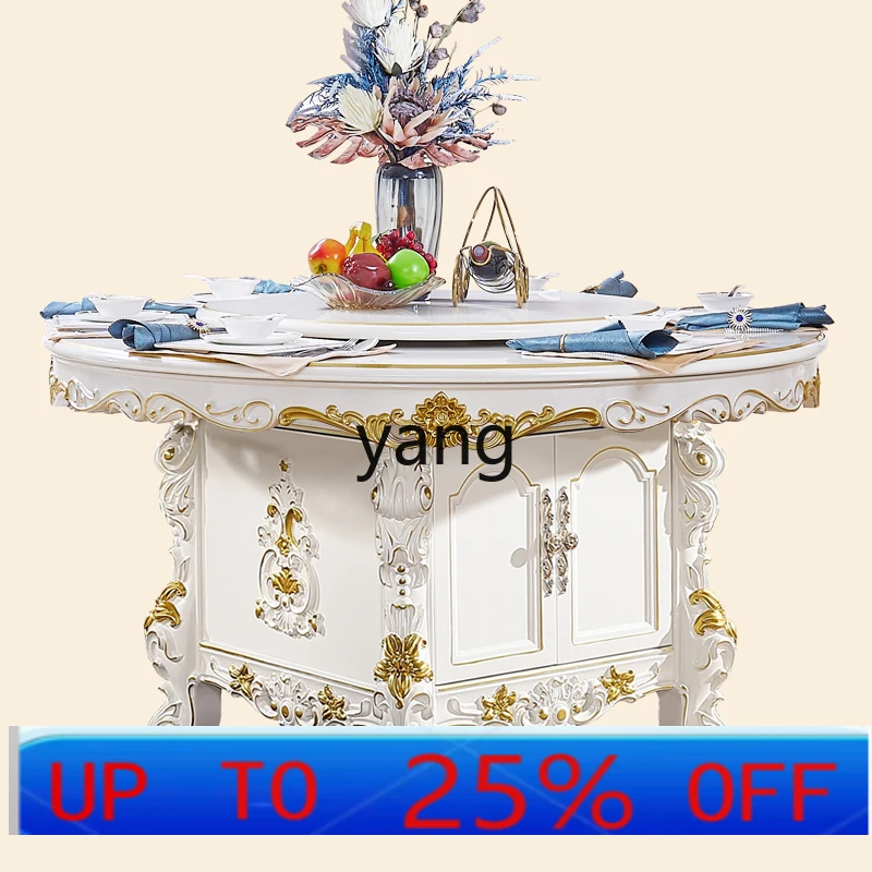 

LMM solid wood carving flower marble electric rotating plate dining table with storage round dining table