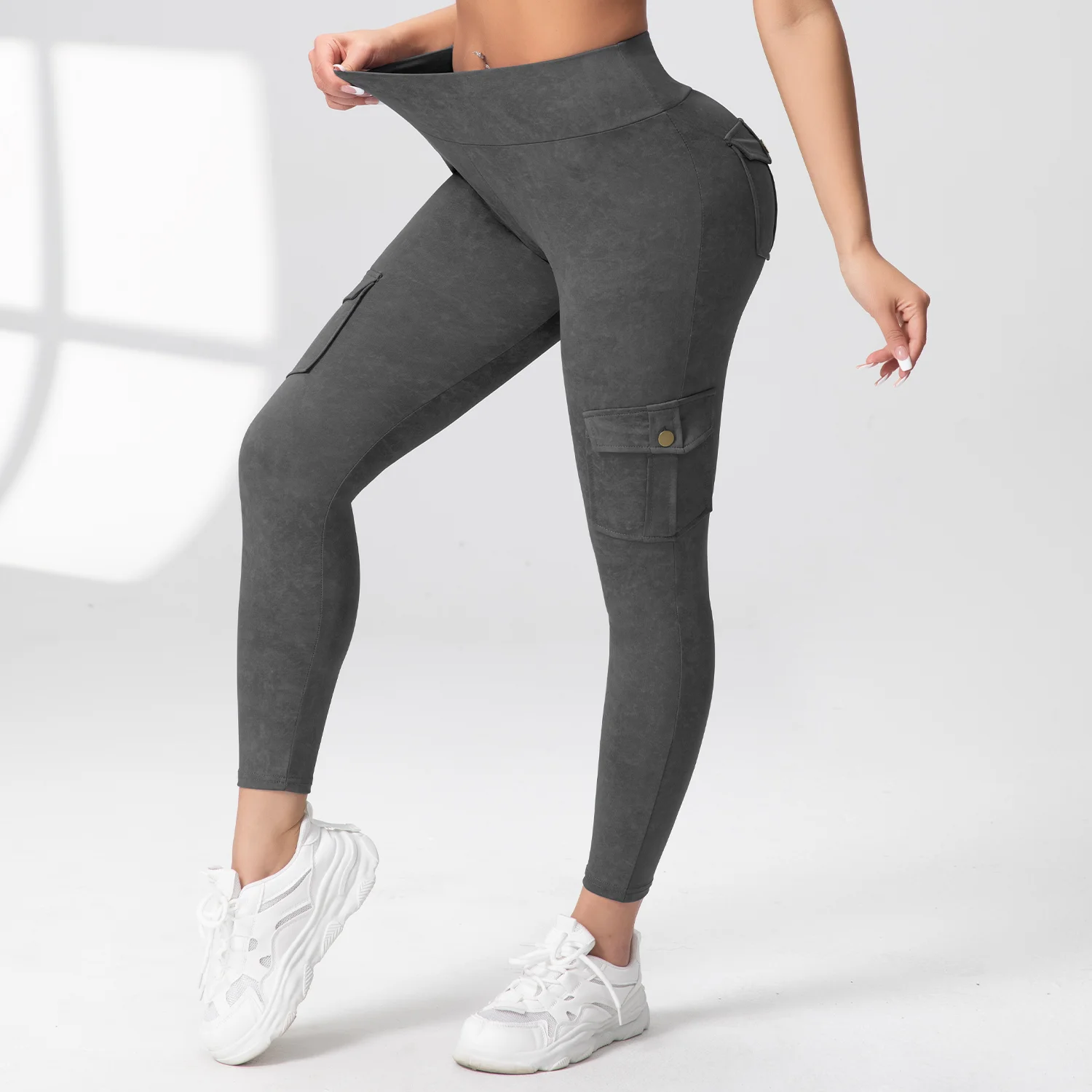 ผู้หญิงล้างพิมพ์โยคะ Cargo กางเกงขายาวพร้อมกระเป๋าเอวสูงยกสะโพกฟิตเนส Legging ยืด SLIM FIT ขี่จักรยานกางเกงกีฬา