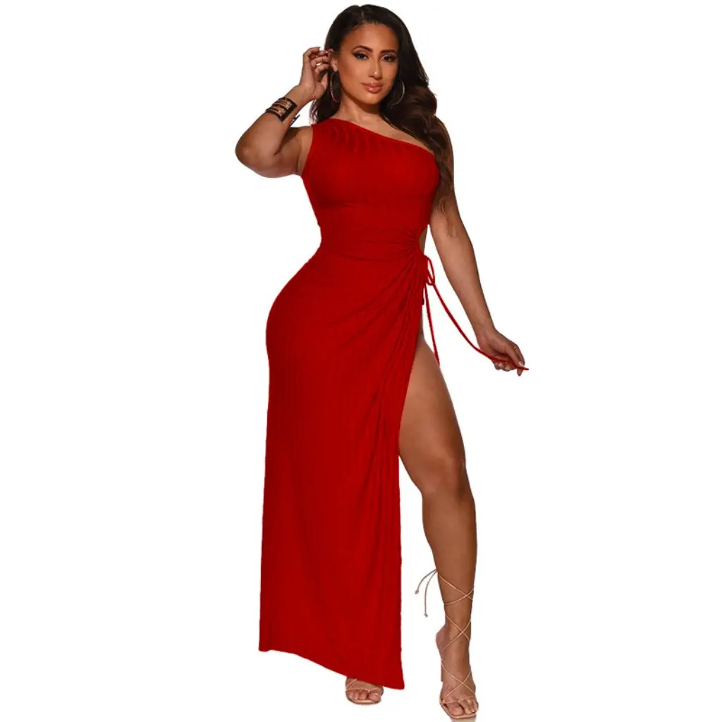 K9881 Hochelastisches One-Shoulder-Sexy-Split-Kleid, einfarbiger Nachtclub-Rock für Frauen in Europa und USA