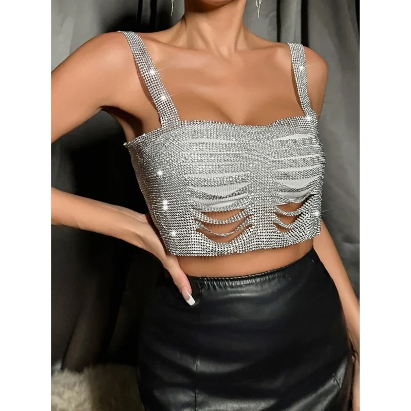 

Women's Sexy Rhinestones Top Crystal Crop Tops Shirt for Night Clubwear R7RF